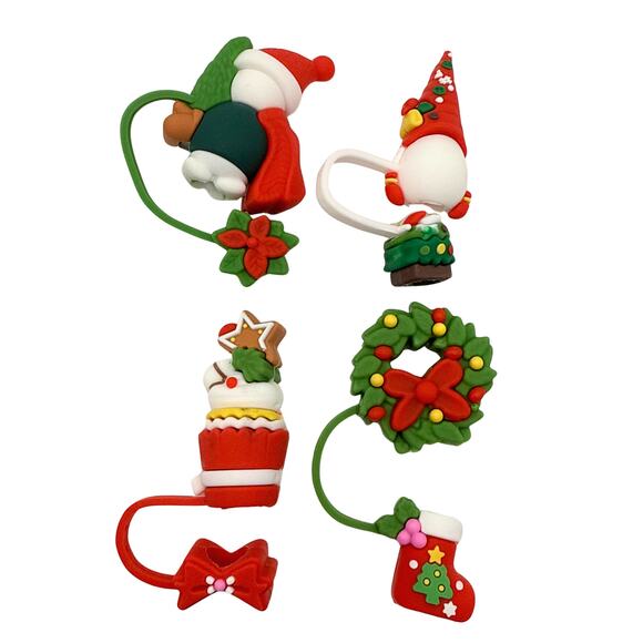 Gnome Christmas Wreath 3D Straw Topper Covers 4 Piece Bundle Holiday Snowman - Picture 4 of 4